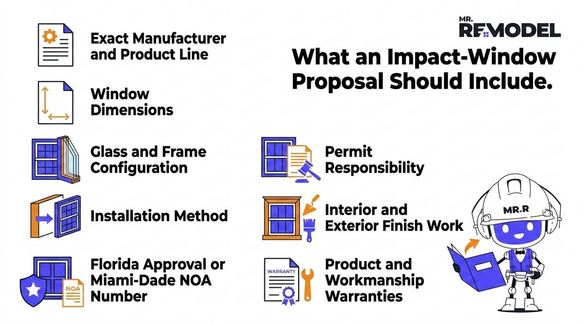 Checklist of eight details an impact-window proposal should include, from exact product specifications to permits and warranties.